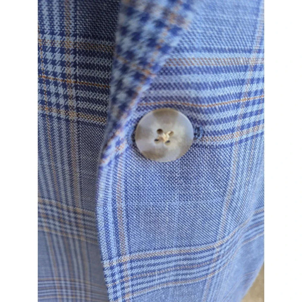 UNTUCKit Vasquez Blue Plaid Wool Silk Linen Sport Coat Blazer 48R Reda‎ Fabric